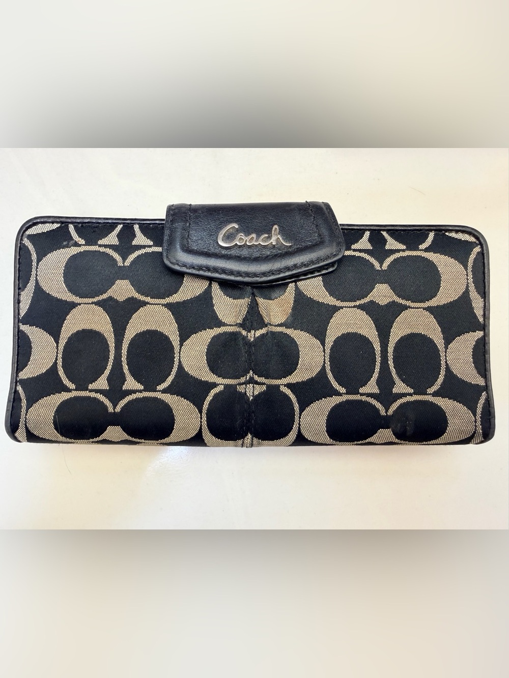 Coach Black and Tan Signature Canvas Continental Wallet
